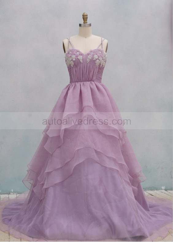 Light Purple Beaded Organza Cross Back Prom Dress